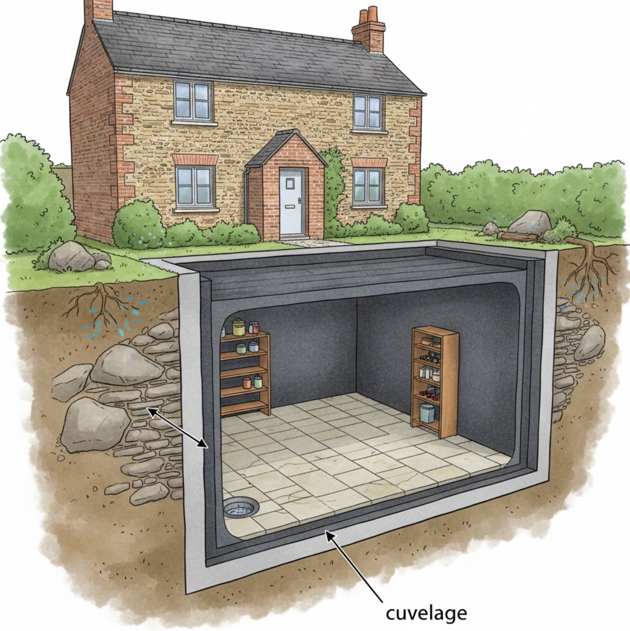 schema d'ensemble du cuvelage d'une cave de maison