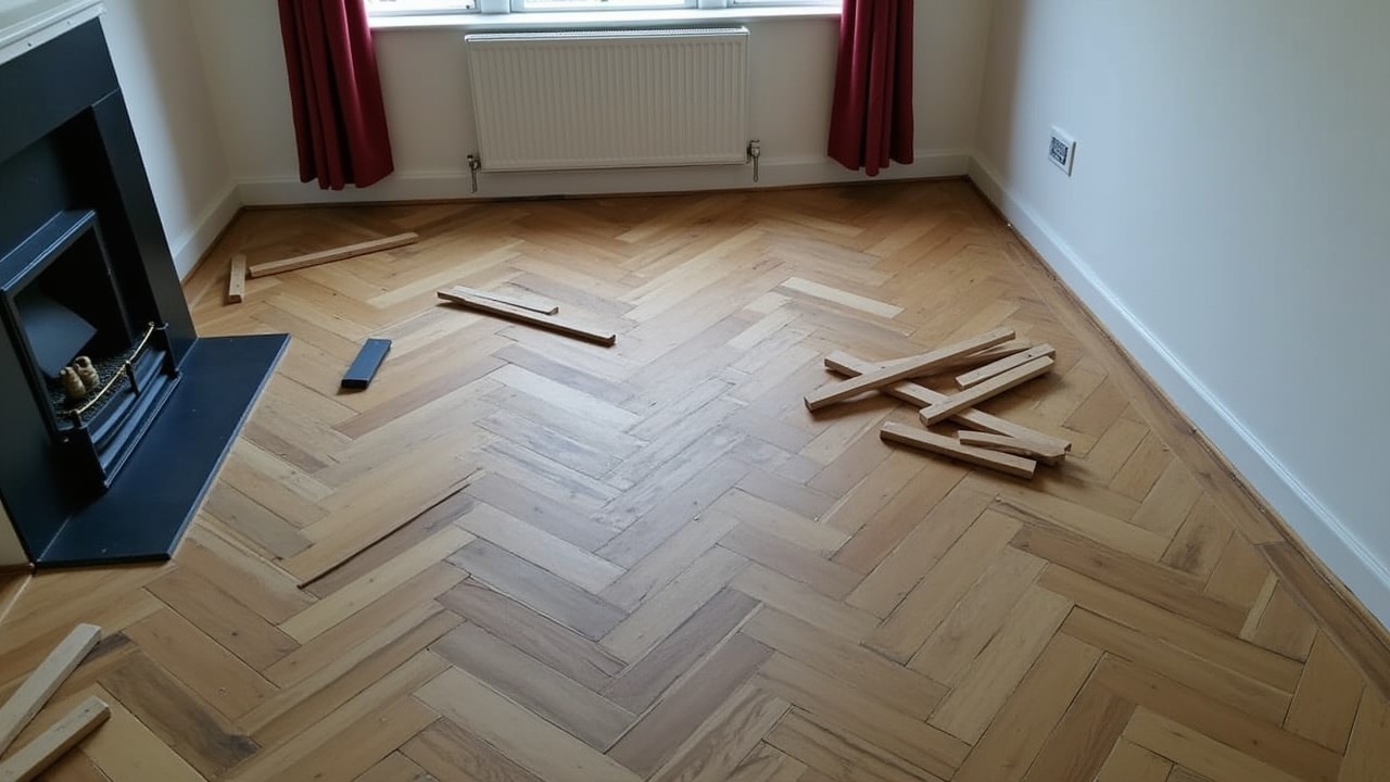 parquet de salon en cours de démontage pour changement des éléments trop abîmés